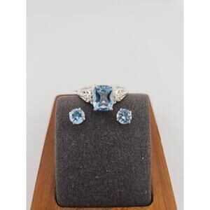 925 Sterling Ring & Stud Earring Set Light Blue Stone Made in India Size 7.5 NWT